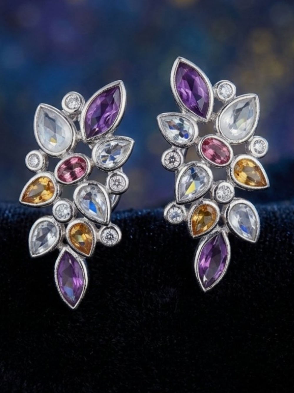 Solid 14K White Gold Multi-Gemstone Cluster Omega Back Earrings